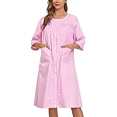 YOZLY Nightgowns for Women Cotton Snap Front Housecoat 3/4 Sleeve Housecoat with Pockets S-3XL