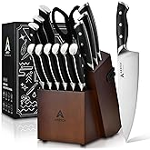 Knife Set with Block, Kitchen Knife Set 15-Piece with Sharpener - High Carbon Stainless Steel Dishwasher Safe Knives with Erg