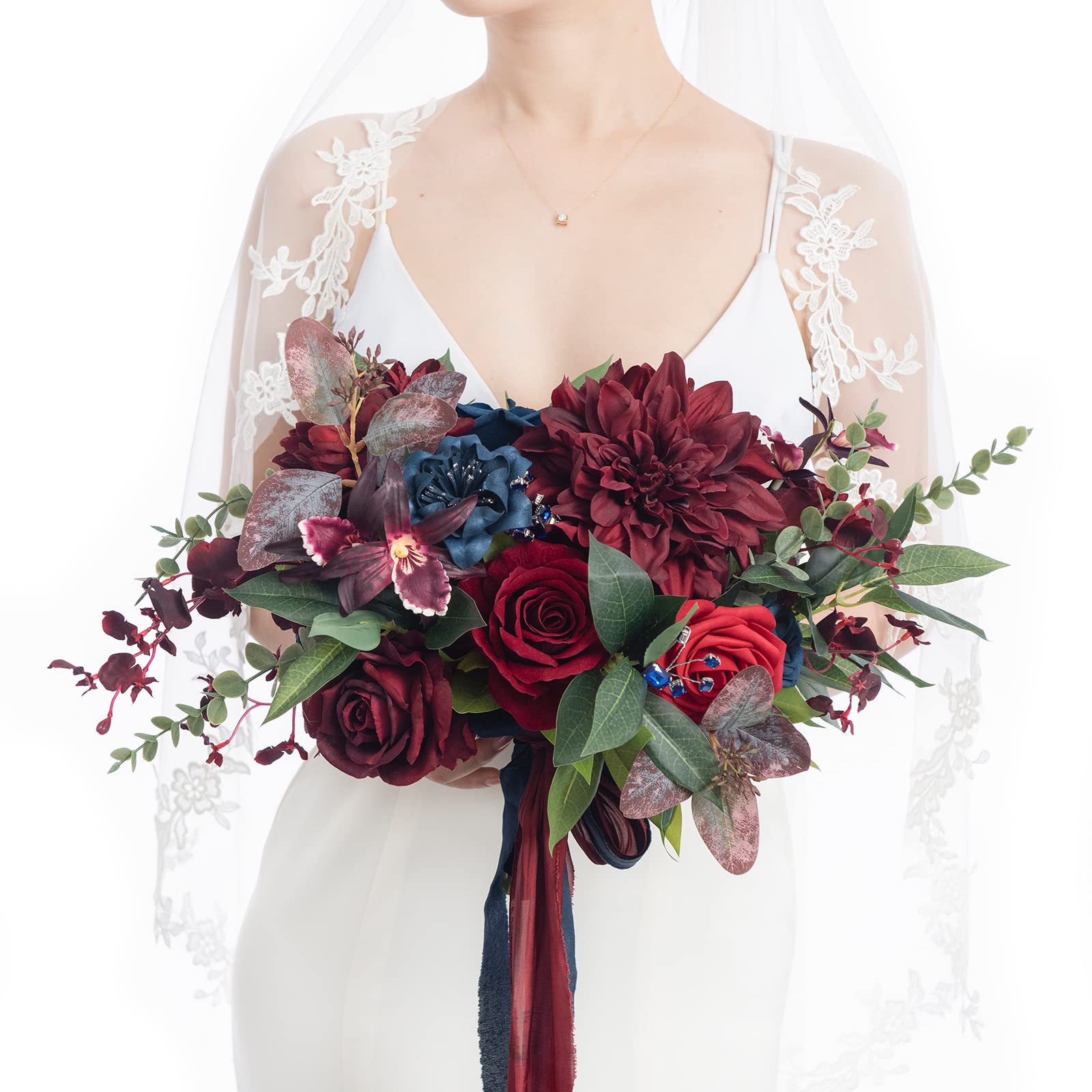 Photo 1 of Ling's Moment Burgundy Navy Blue Wedding Bouquets for Bride, Jewel Tone Bridal Bouquets for Bride, 13 Inch Free Form Artificial Wedding Flower Bouquet