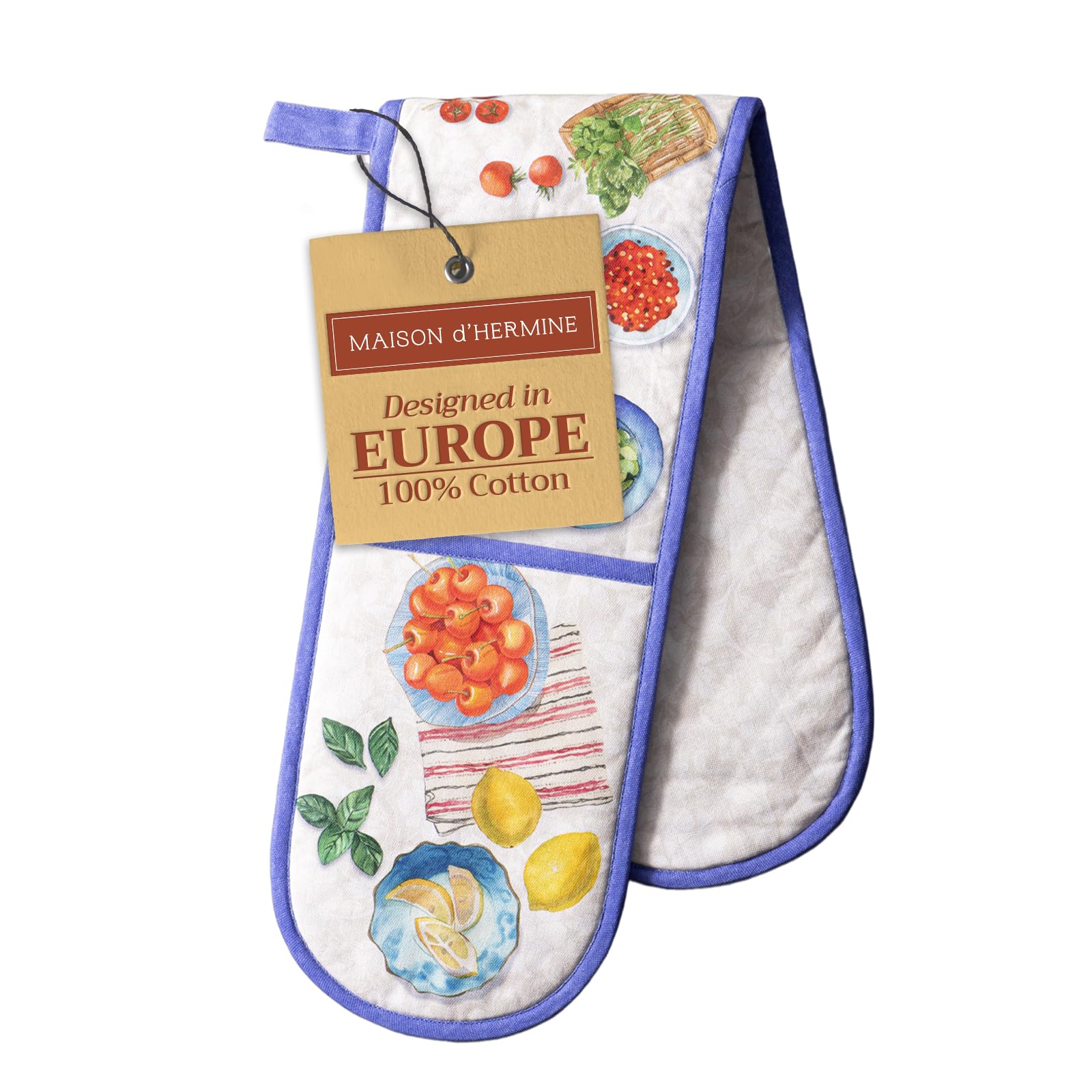 Maison d' Hermine Double Oven Mitts 100% Cotton 18 cm x 89 cm Double Oven Mitt Heat Resistant BBQ Cooking Gloves with Loop Baking Grilling Handling Hot Pans Gifts for Mothers Day (Gourmand)