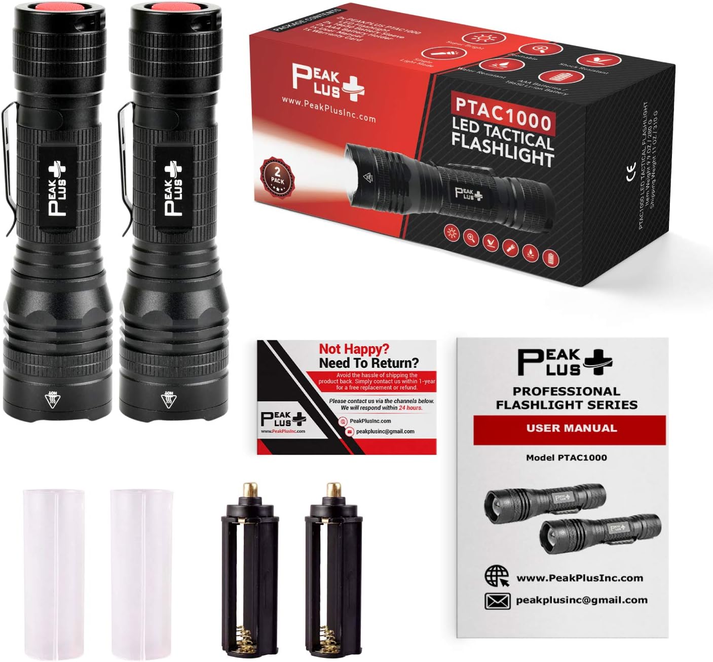 PeakPlus LED Tactical Flashlight PTAC1000 [2 PACK] - Single Mode, High Lumen, Zoomable, Water Resistant, Flash Light - Camping, Outdoor, Emergency, Everyday Flashlights with Clip - - 