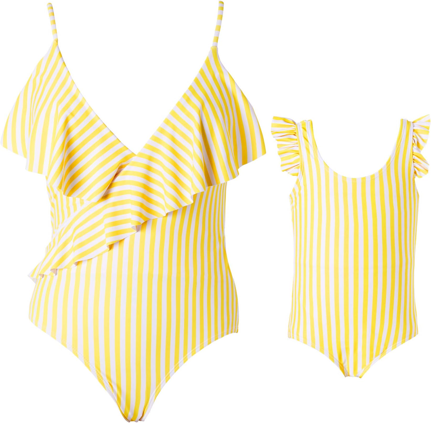 Yaffi Mommy and Me Yellow Stripes One-Piece Swimsuit Ruffles Swimsuit Beach Swimwear Bathing Suit for Women Girls
