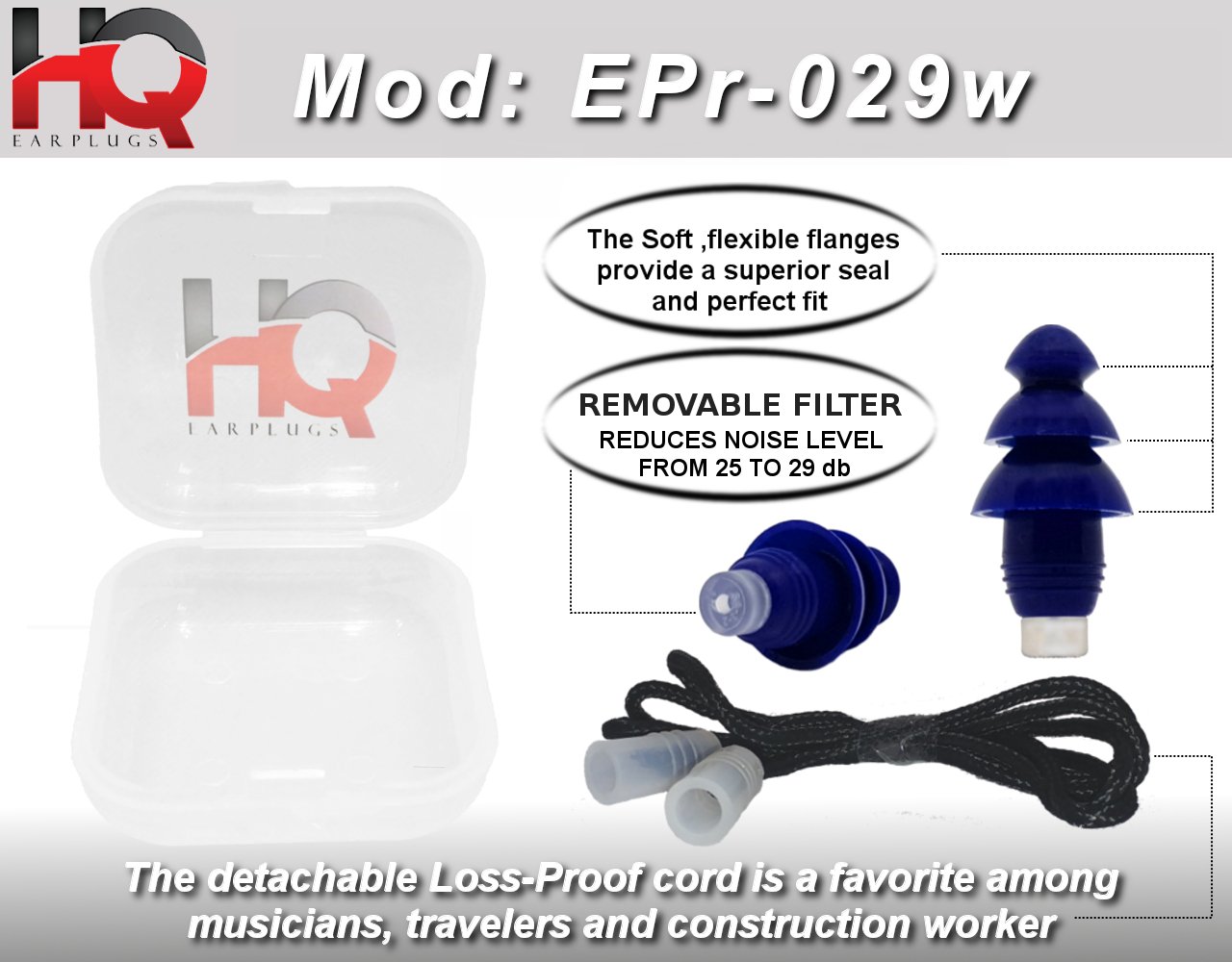 Soft Silicone Ear Plugs with Filter- Noise Cancelling & Hearing Protection By HQ Earplugs - NRR 25 to 29db – Water Block Ends – One Size Fits All (Blue)