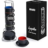 MIAMIO - 2.5 oz Espresso Cup Set with Saucers Coffee Mug Set of 6 - Ceramic Coffee Mug Stackable Espresso Mug with Stand for Coffee Drinks, Latte, Cafe Mocha - Le Papillon Collection (Colorful)