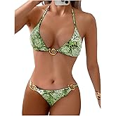 RoseSeek Women's 2 Piece Leopard Floral Bikini Sets Ring Triangle Halter Bathing Suit Tie Back Swimsuit