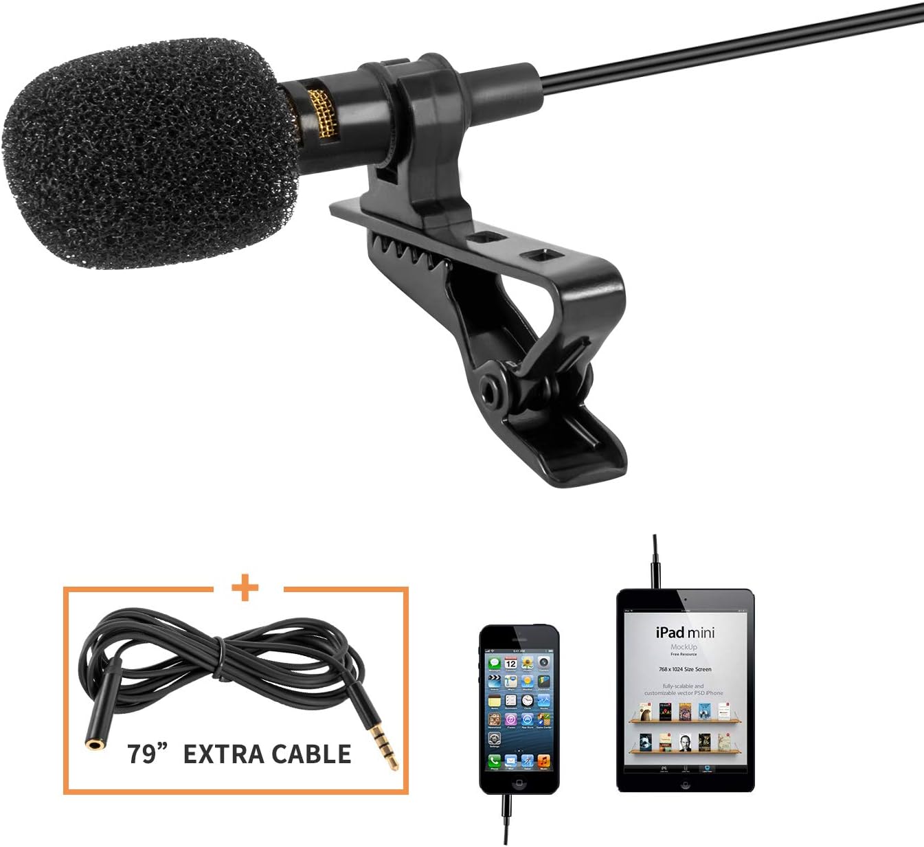 Professional Lavalier Lapel Microphone 3.5mm for iPhone Android, Omnidirectional Mic with Easy Clip On System and 79” Extension Cord, Recording Mic for YouTube, Interview, Conversations, Podcast