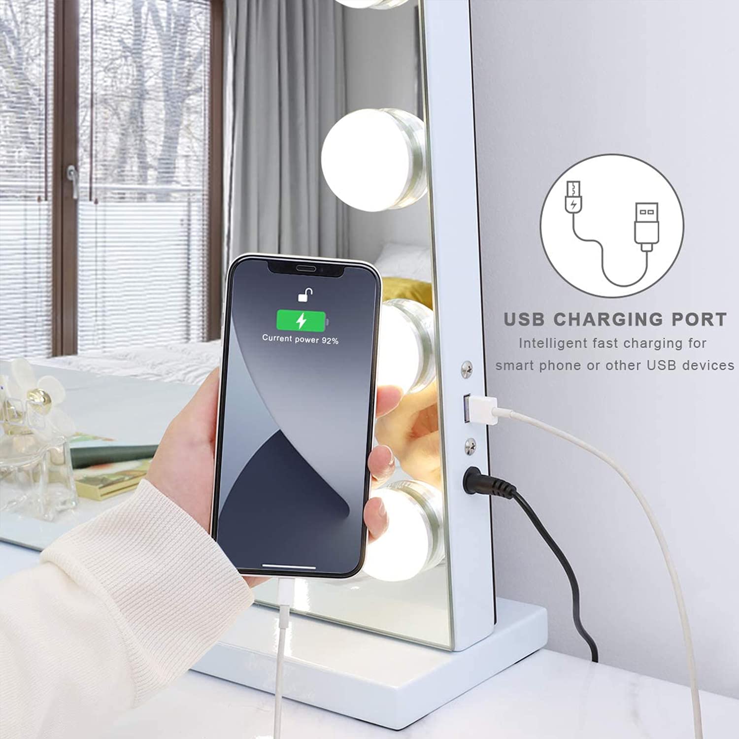 FENCHILIN Vanity Mirror with Lights 32''x23'' Tempered Glass Large Hollywood Mirror with 18 Dimmable Bulbs for Makeup Table/Hanging Bluetooth Speaker Mirror with Touch Screen & USB Charge Port