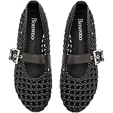 Mesh Mary Jane Flats for Women Hand Woven Flats Slip on Leather Round Toe Comfy Buckle Strap Dressy Beach Ballerina Sandals