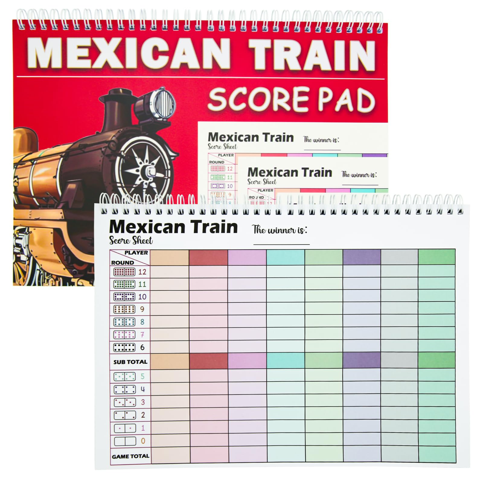 HINGTAI 50 Sheets Mexican Train Score Pads, Colorful Chicken Foot Dominoes Score Sheets with Spiral Binding, Accessories for Mexican Train Game, Scorekeeper Notepad for Family Game Nights