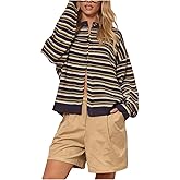MakeMeChic Women's Striped Cardigan Sweaters Button Up Long Sleeve Crewneck Preppy Outerwear