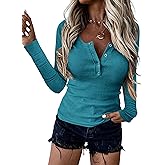 BTFBM Women Long Sleeve Shirts Fall Tops V Neck Button Up Henley Shirts Slim Fit Ribbed Knit Spring Casual T-Shirts 2026