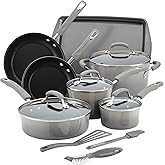 Rachael Ray Brights Nonstick Cookware Pots and Pans Set, 14 Piece, Sea Salt Gray