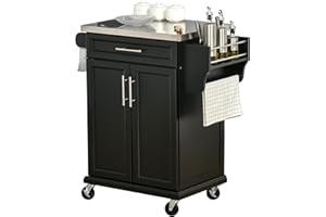 HOMCOM Kitchen Island on Wheels, Rolling Kitchen Cart with Stainless Steel Countertop, Drawer, Towel Rack and Spice Rack, Utility Storage Trolley, Black