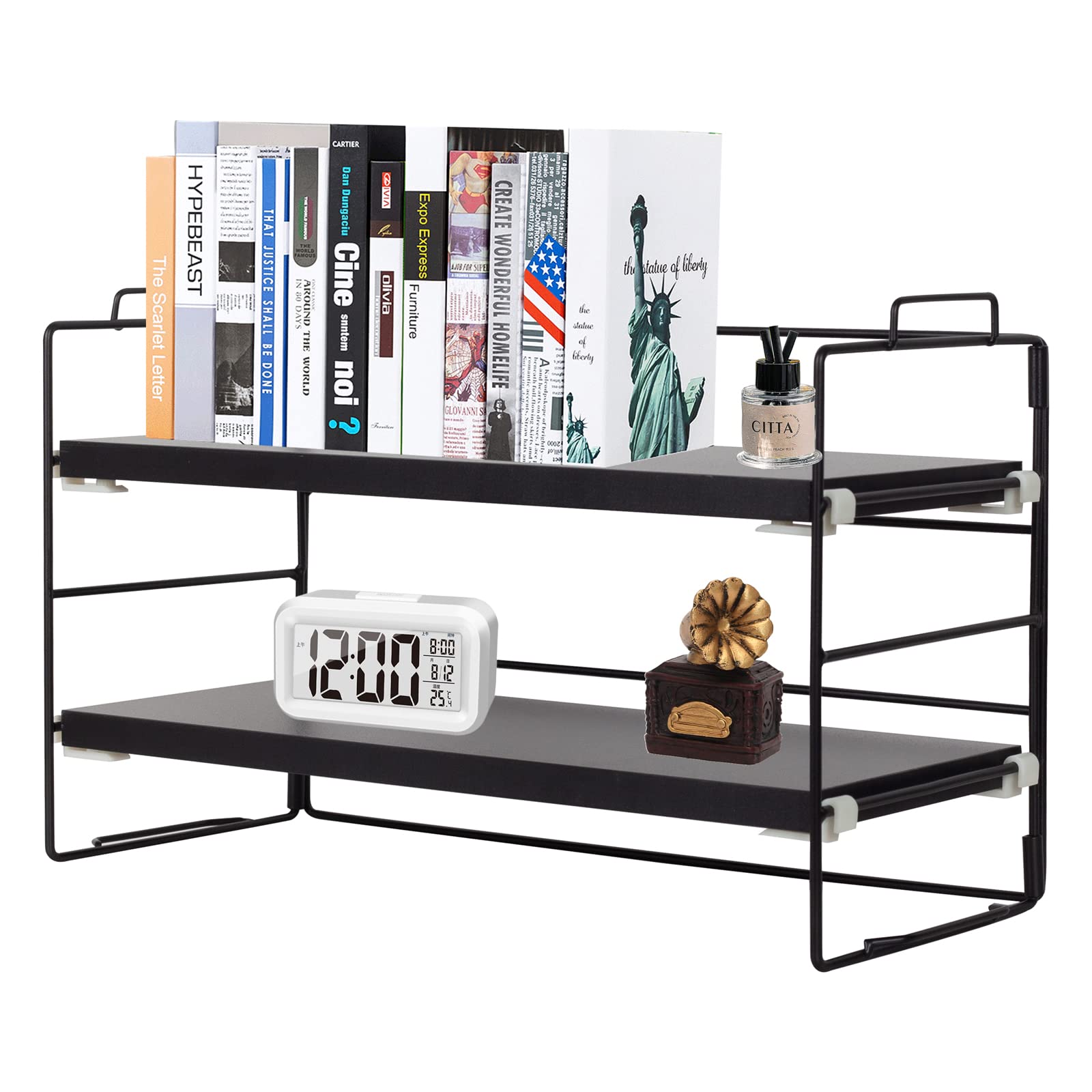 powerking Desk Shelf Organiser, 2 Tier Black Painted Metal Frame and Black Teak Board Desktop Shelves, wooden Multipurpose Display Bookcase Storage Rack for Table, Office and Reading Room
