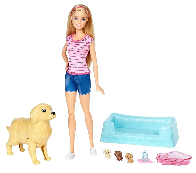 Barbie FDD43 - Hundemama mit Welpen und Puppe, Puppen Spielset mit Badewanne und Zubehör, Mädchen Spielzeug ab 3 Jahren