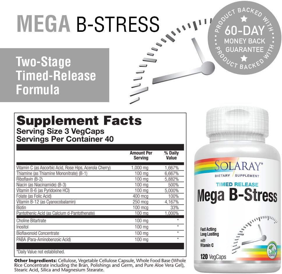 Solaray Mega Vitamin B-Stress, Two-Stage Timed-Release | Specially Formulated w/B Complex Vitamins for Stress Support | Non-GMO | Vegan | 240 Tabs: Health & Personal Care