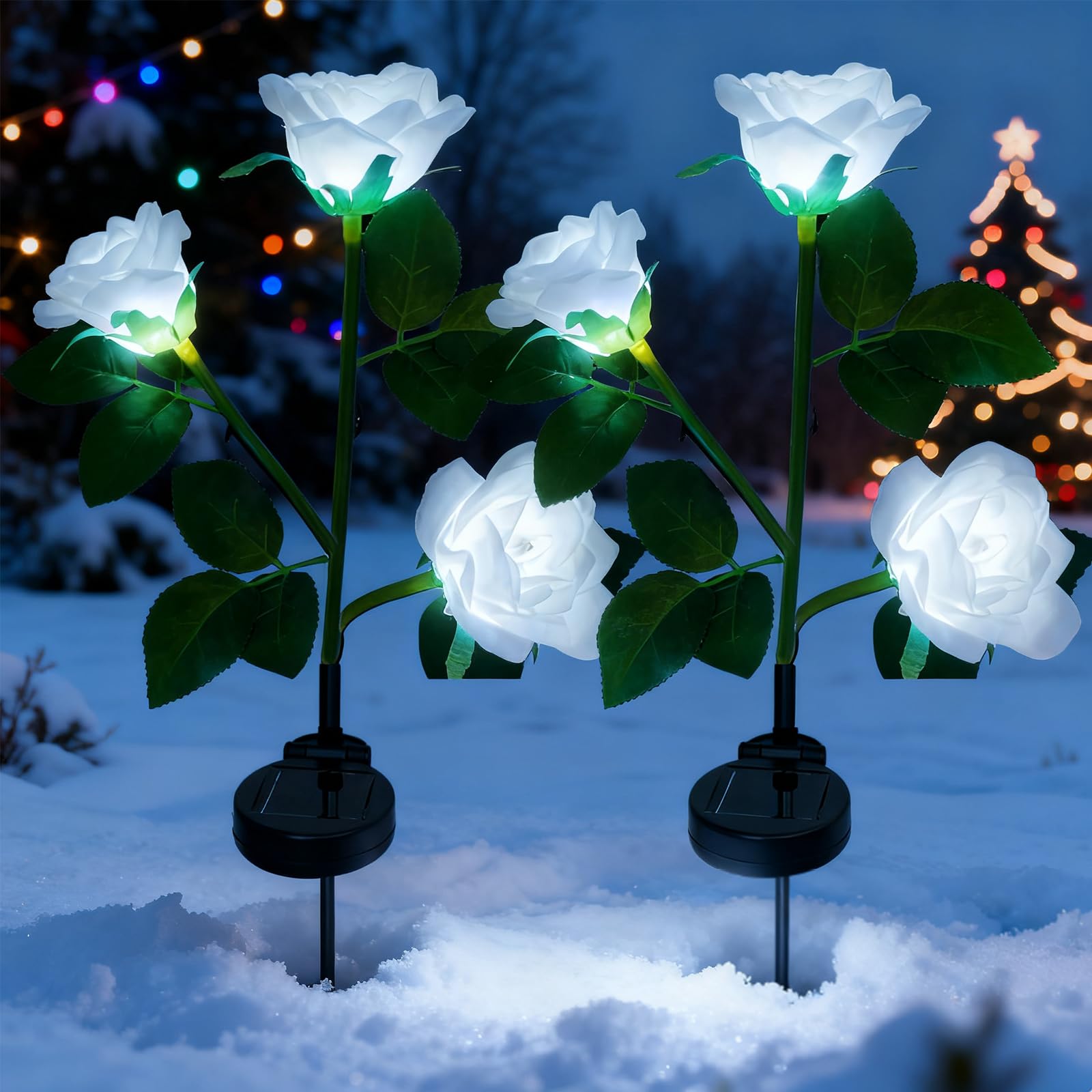 XVZ Solar Lights Outdoor Garden, 2 Packs Solar Flower Garden Stake Lamps with 6 Rose Waterproof Decorative Lights for Lawm Garden Patio Yard Pathway Decoration(White)