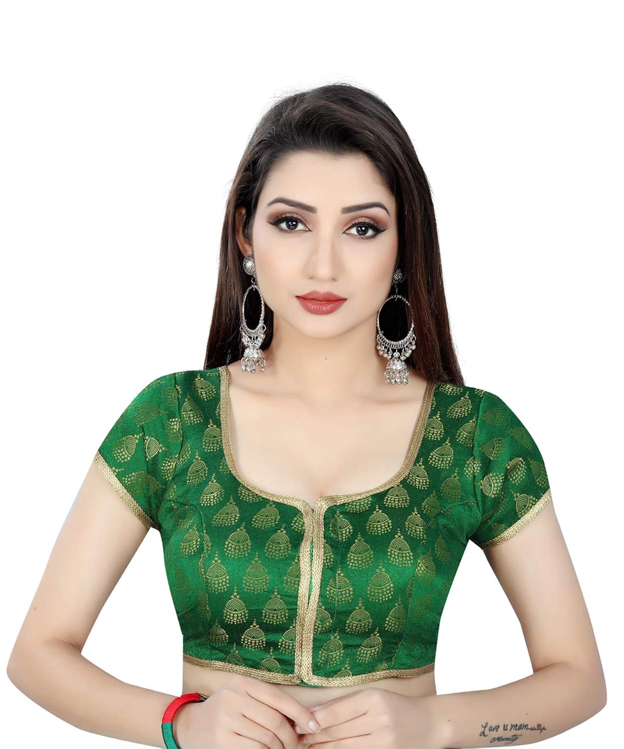 spangel fashion green jhumki pattern round neck women's ready made saree's blouse