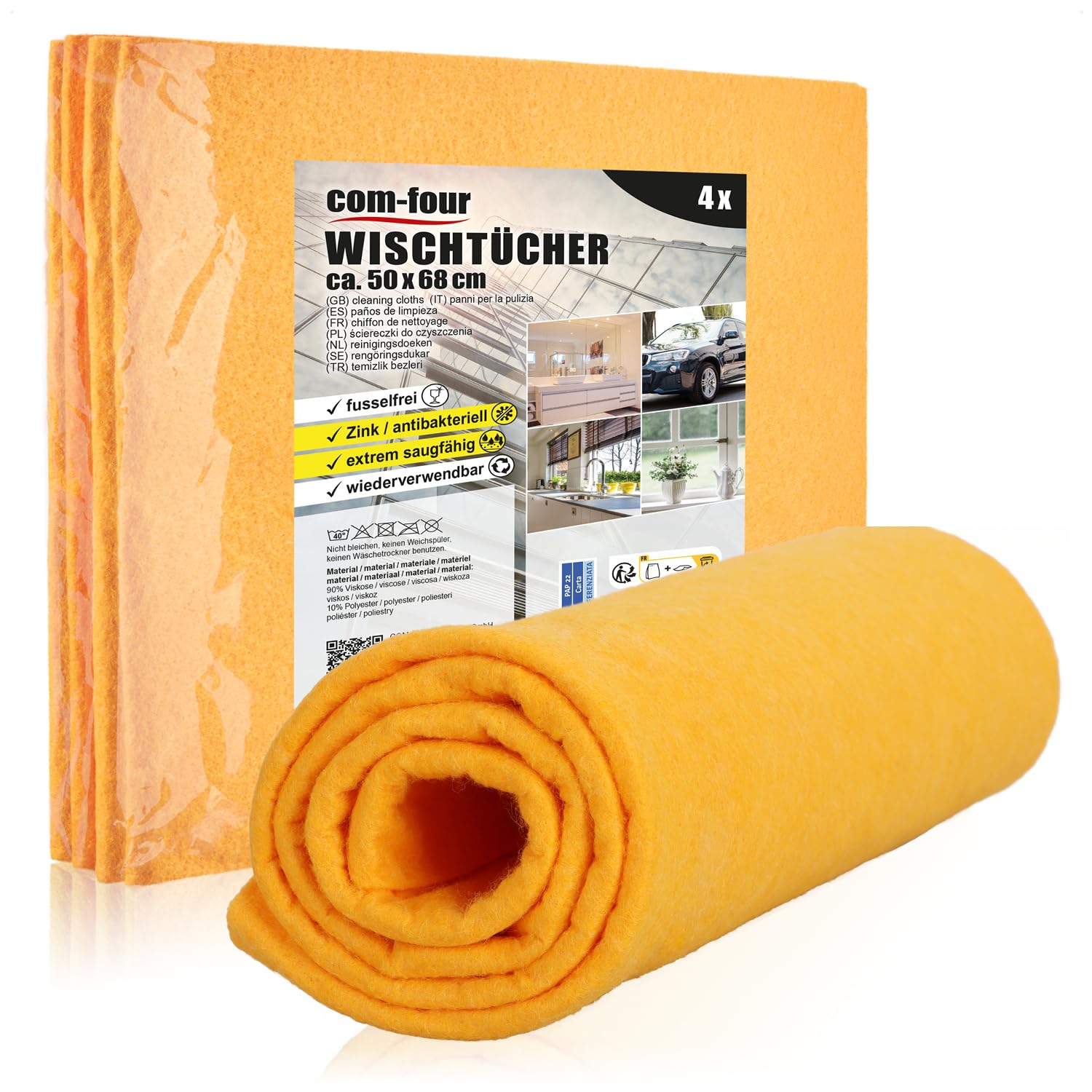 com-four® 4x professional cleaning cloth - absorbent cleaning cloth - car cleaning cloths - washable, lint-free, antibacterial (50x68-4 pieces - orange)