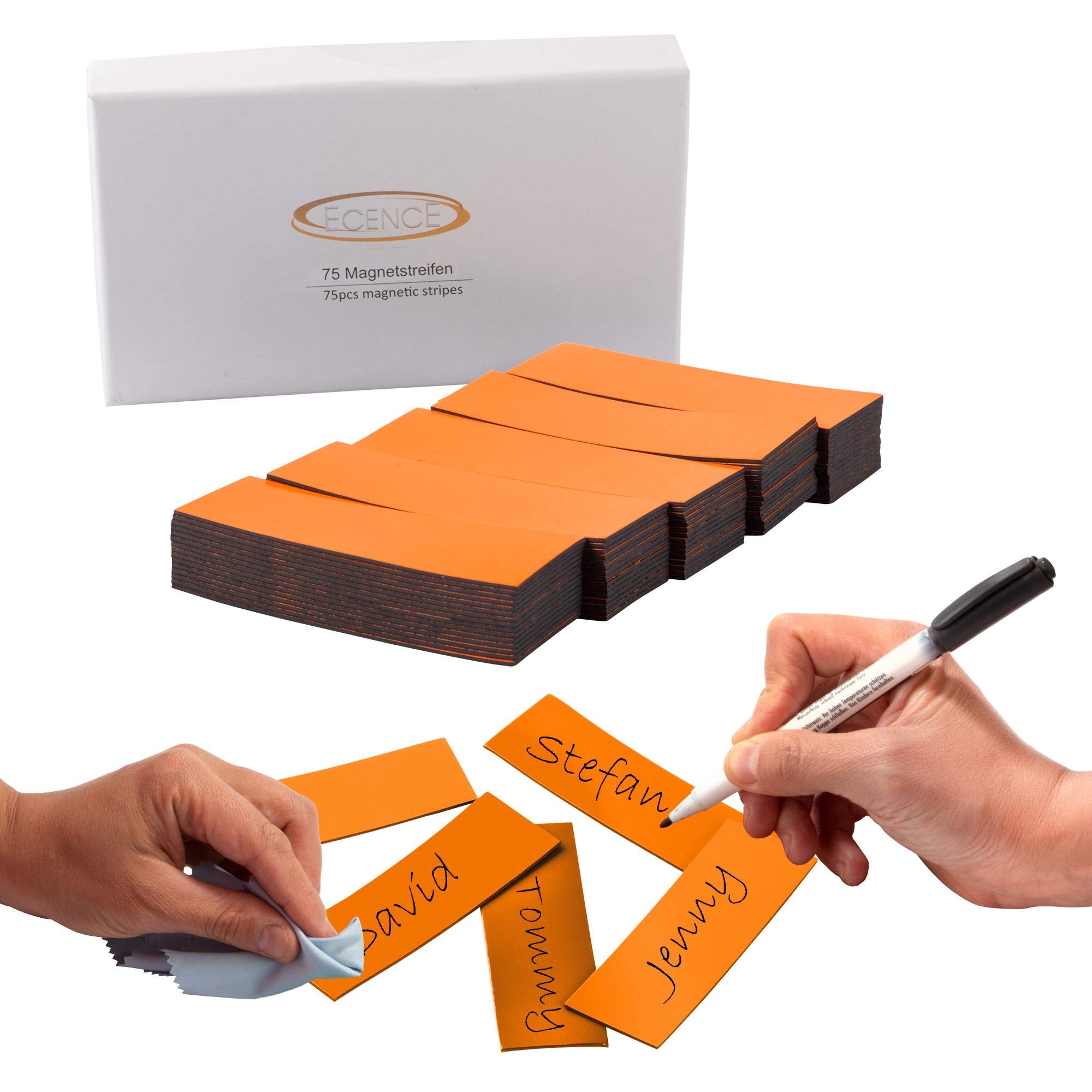 ECENCE Dry Erase Magnetic Labels 75pcs Reusable Magnetic Name Tags 2.36inchx0.79inch Writable Magnetic Sticker Notes for Whiteboard Refrigerator Locker Classroom Orange — image 1