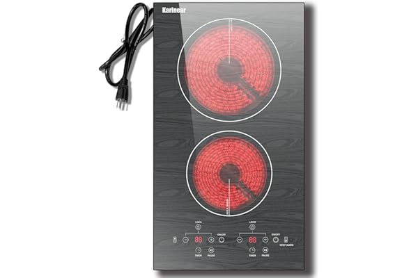 Karinear Portable Electric Cooktop 2 Burners, 110v Plug in Electric Stove Top, Countertop Use or Built-in Install, 12'' Ceram