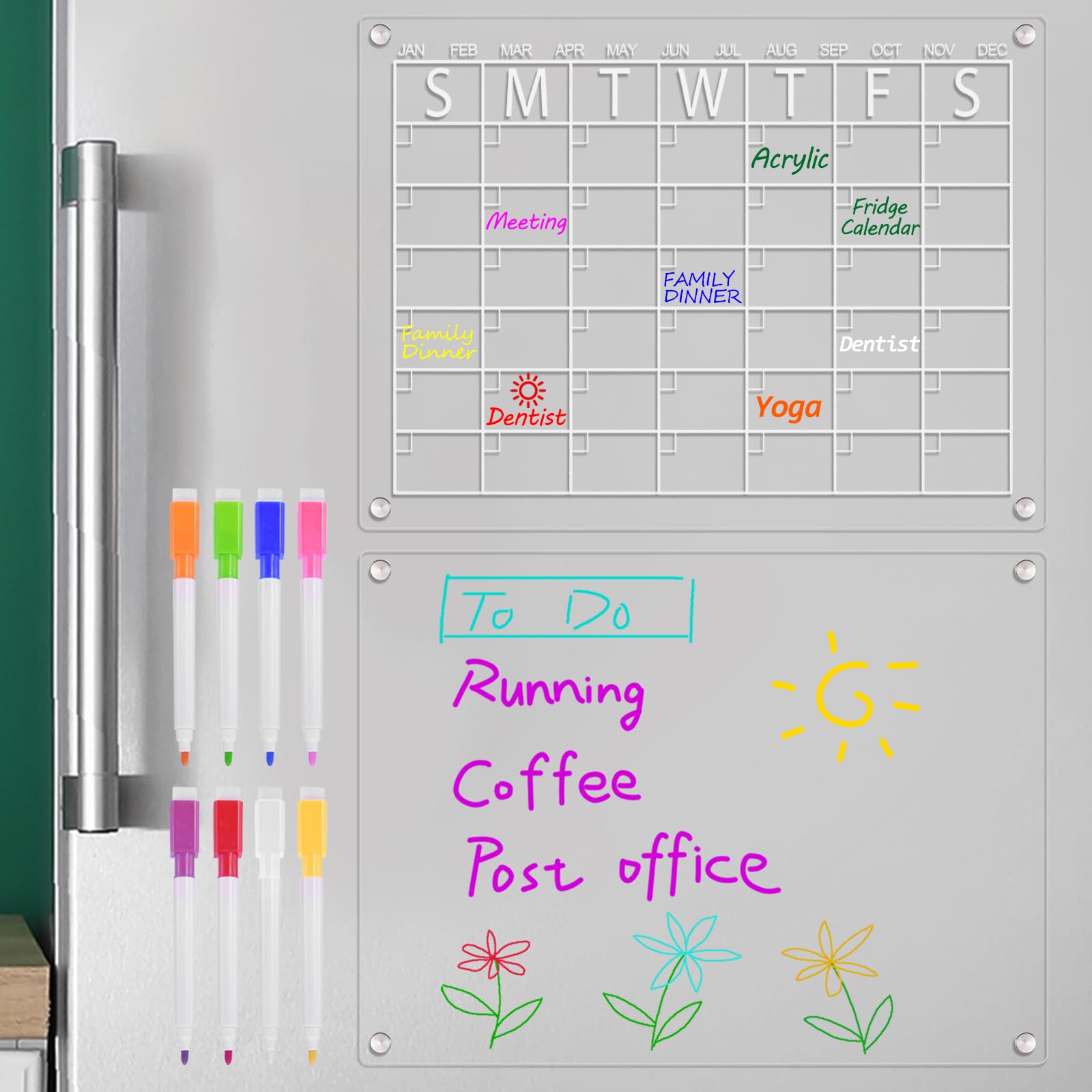 PATIKIL 2 Set Monthly and Blank Calendar for Fridge with 8 Markers 8 Colors, 40 x 30 cm Clear Acrylic Magnetic Whiteboard for Refrigerator, Dry Erase Planner Board for Menu Memo Kitchen