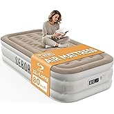 Sebor Air Mattress with Built-in Pump, Comfortable Self-Inflating Air Mattress with High-Speed Pump, Durable Blow Up Mattress with Storage Bag for Guests, Camping, Travel (Khaki White, 18" Twin XL)
