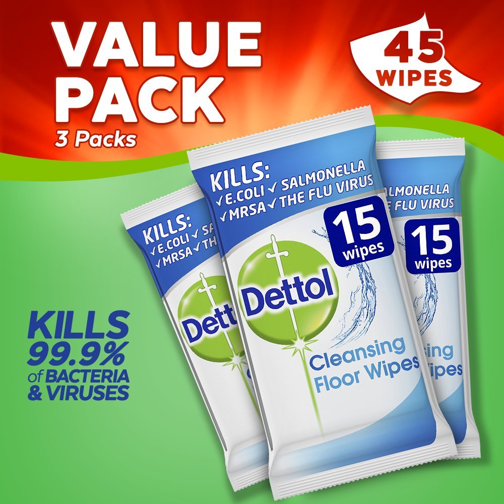 Dettol Antibacterial Floor Cleaning Wipes, 45 Wipes, Pack of 3 x 15