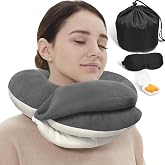 BUYUE Travel Neck Pillows for Airplanes, Memory Foam 360&deg; Head Support Sleep for Long Flight, Skin-Friendly &amp; Breathable, Kit with Eye Mask, Earplugs and Storage Bag (Adult, Grey, 90+ lbs)