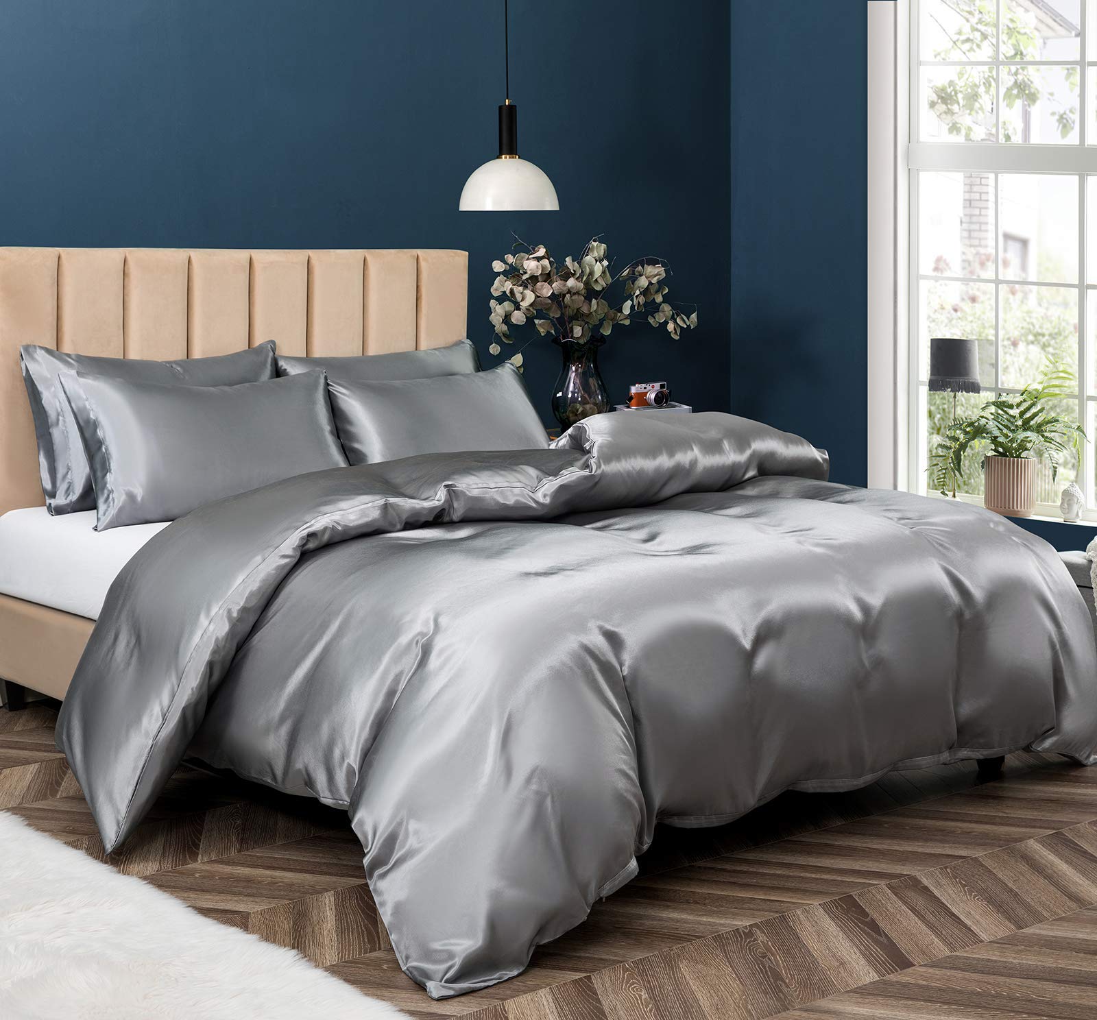 Photo 1 of P Pothuiny 5 Pieces Satin Duvet Cover Full/Queen Size Set, Luxury Silky Like Grey Duvet Cover Bedding Set with Zipper Closure, 1 Duvet Cover + 4 Pillow Cases (No Comforter)