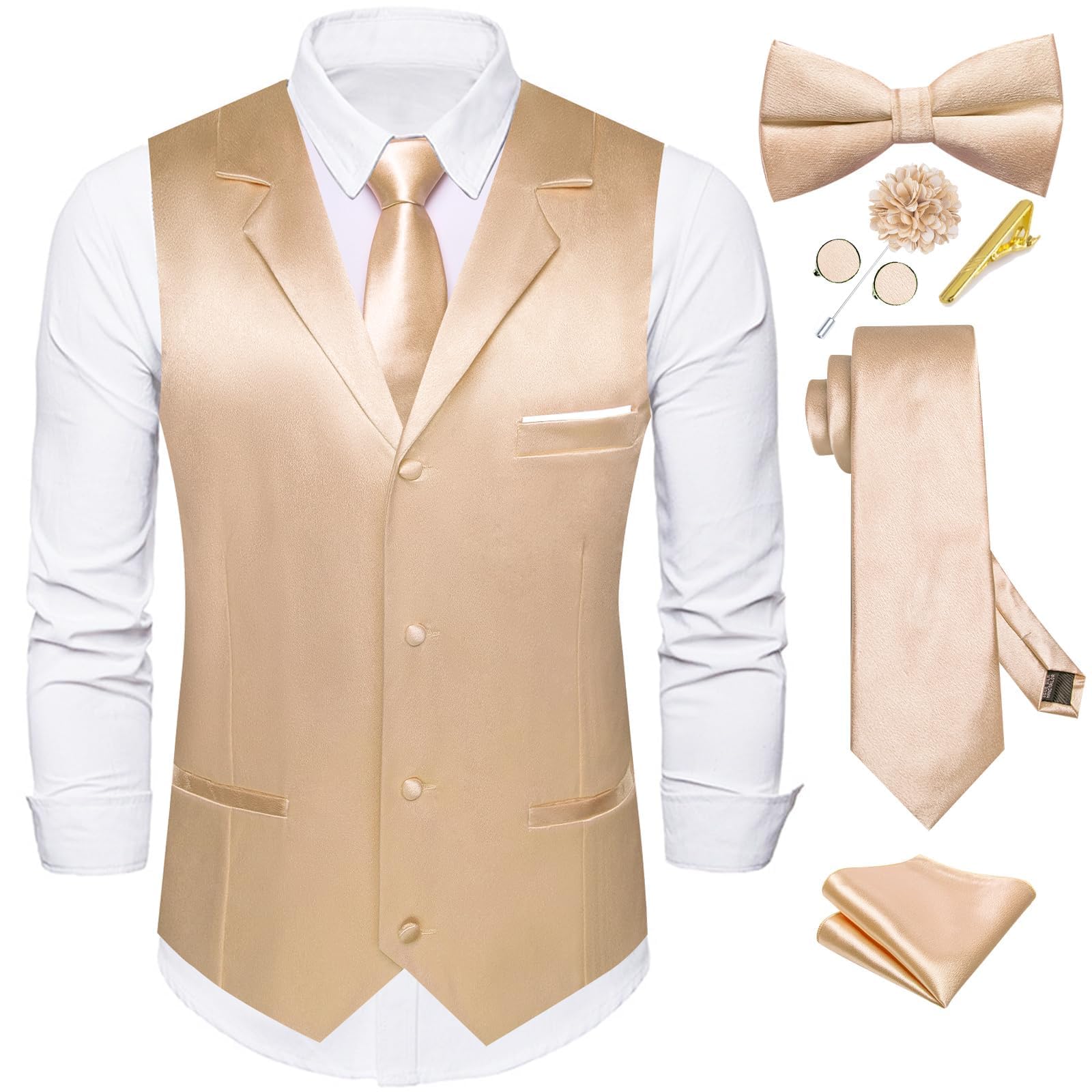 Photo 1 of Dubulle Mens Satin Vest and Tie Solid Champange Suit Waistcoat and Pre-tied Bowtie Set for Men Lapel Pin Wedding Party