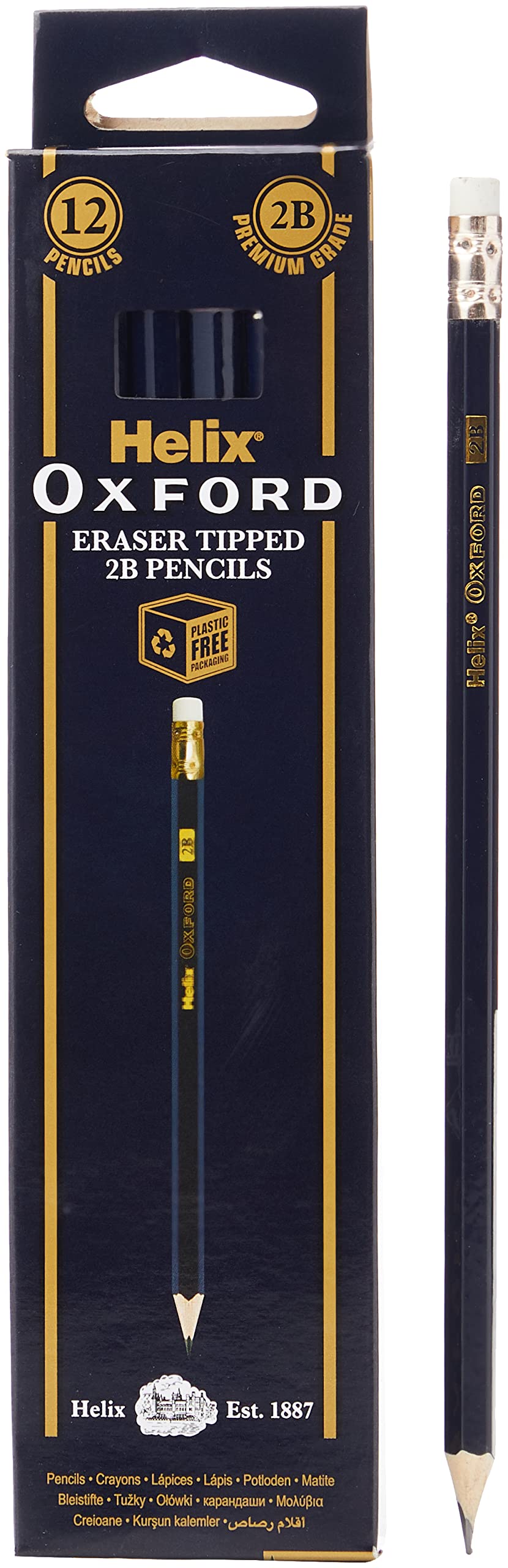 Helix Oxford 2B Grade Graphite Pencils with Eraser Tip (Pack of 12) with Plastic Free Packaging, 857201