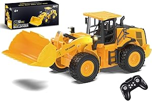 NOKA Remote Control Wheel Loader Truck Toy for Kids, 1:18 Scale 9-CH RC Bulldozer with 2 Batteries & Lights, Engineering Cons