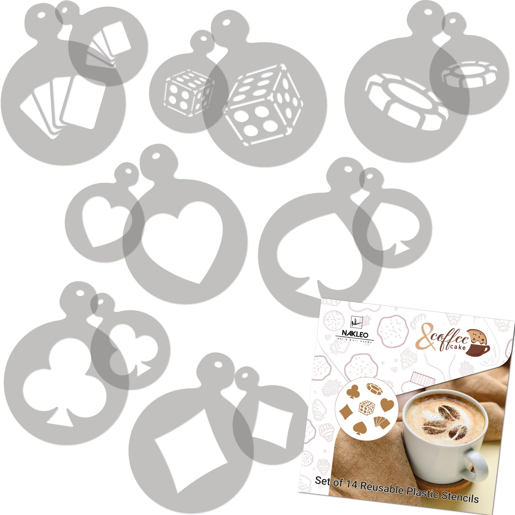 NAKLEO Coffee Stencils and Cookies Decoration 14Pcs 7x7 and 11x11cm, Reusable Plastic Baking Templates, Card Games Dice, Barista DIY Art Craft, Capuccino Latte Chocolate Cake Biscuit Kitchen