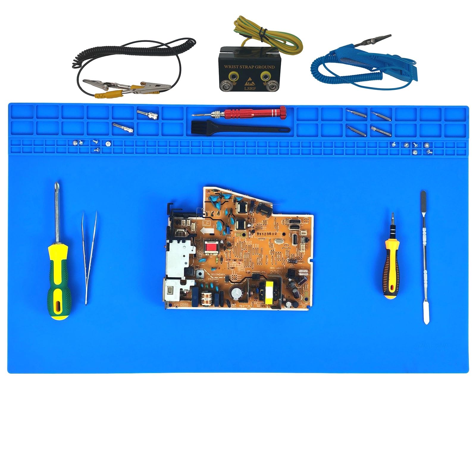 23.7''x13.8'' Extra Large Soldering Mat with ESD Wrist Strap and Grounding Cord, 932°F Heat Resistant Silicone Work Mat, Large Repair Mat for Electronics, Cellphone, Laptop Repair (Blue)