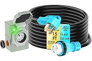 CircleRiver UL Listed 50 Amp 15Feet Generator Cord and Power Inlet Box Combo Kit NEMA 14-50P Male to SS2-50R STW 6/3+8/1 AWG 125/250V Twist Locking with Inlet Box for Generator to House