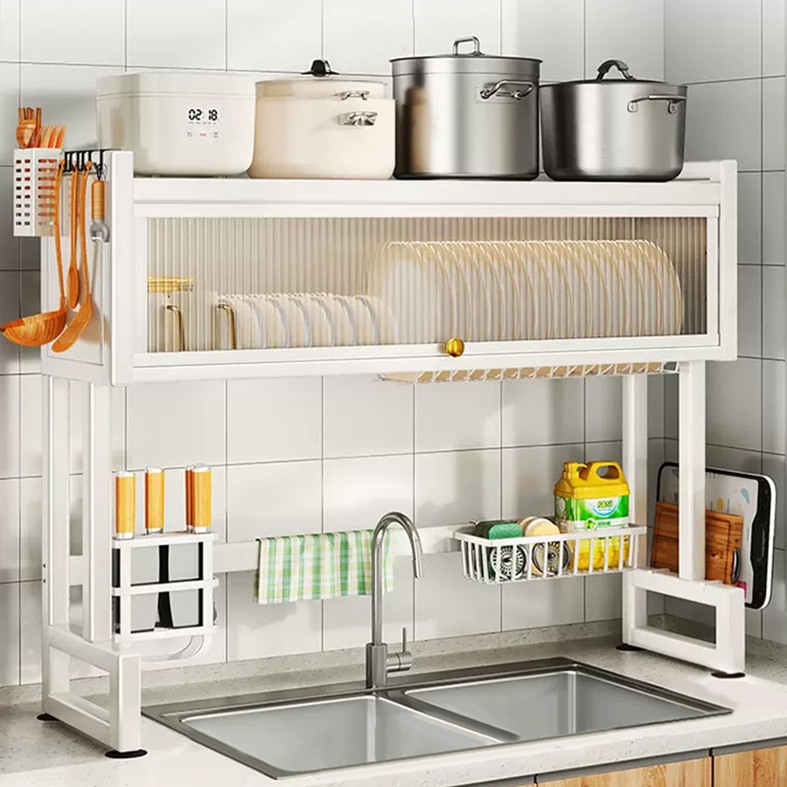 Photo 1 of Milkshake White 3 Tier Over Sink Dish Rack Drainer with Cover - Space-Saving Organized Drying Rack for Dishes, Glasses, Bowls, Cutlery
