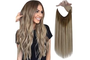 FULL SHINE Fshine Wire Hair Extensions Human Hair Invisible Clip in Hair Extensions Brown to Ash Brown and Blonde Secret Headband Wire in Hair Extensions Invisible Hair Wire 12Inch 70g