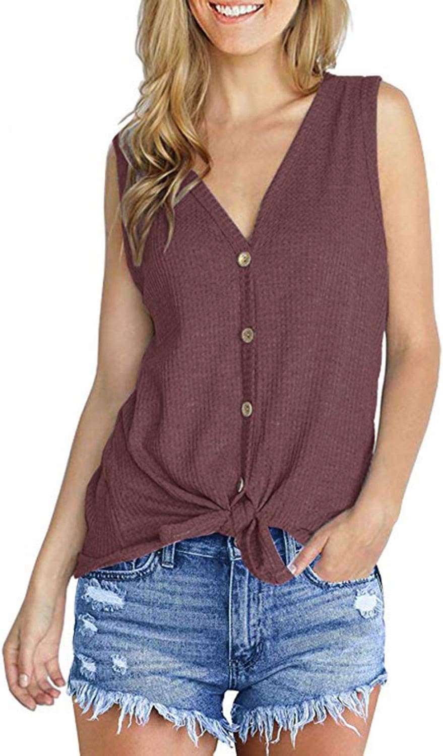 ZKESS Womens Loose Blouse V Neck Button Up T Shirts Tie Front Knot Casual Summer Tops Pink Purple X-Large