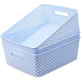 MaxGear 3 Pack Plastic Storage Baskets, Large, Blue | Durable Woven Plastic with Built-In Handles, Suitable for Shelves, Closets, Cabinets, Bathrooms and Offices