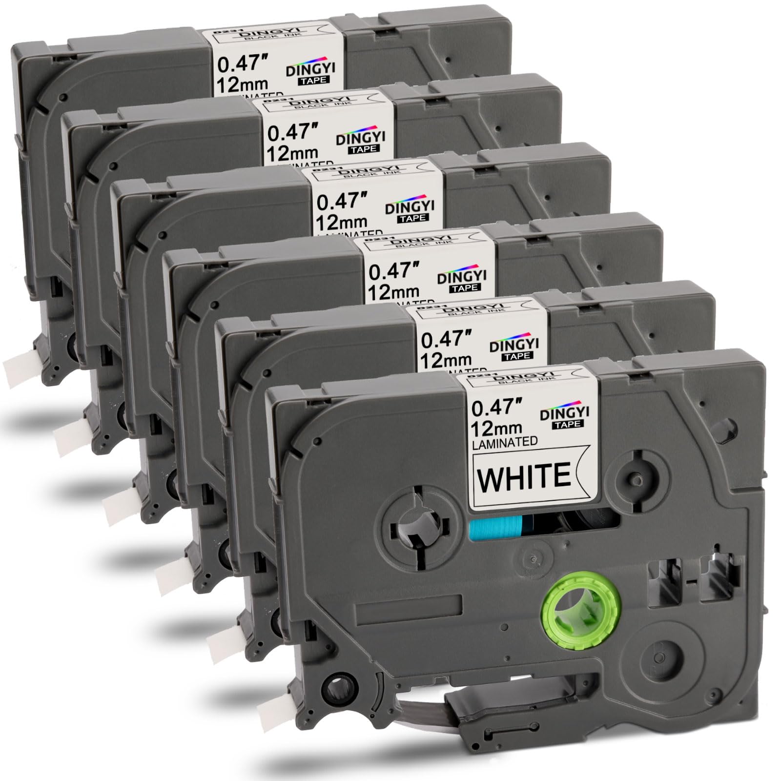 DINGYI Label Printer Tape Compatible for 12mm 0.47 Black on White,Replacement for Touch Labeller Tze-231 6 Pack