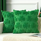 UGASA St Patricks Day Pillow Covers 18x18 Inch Pack of 2 Spring Green Clover Pattern Plush Jacquard Decorative Throw Pillow Pillowcases for Irish Holiday Sofa Living Room Bed, Green