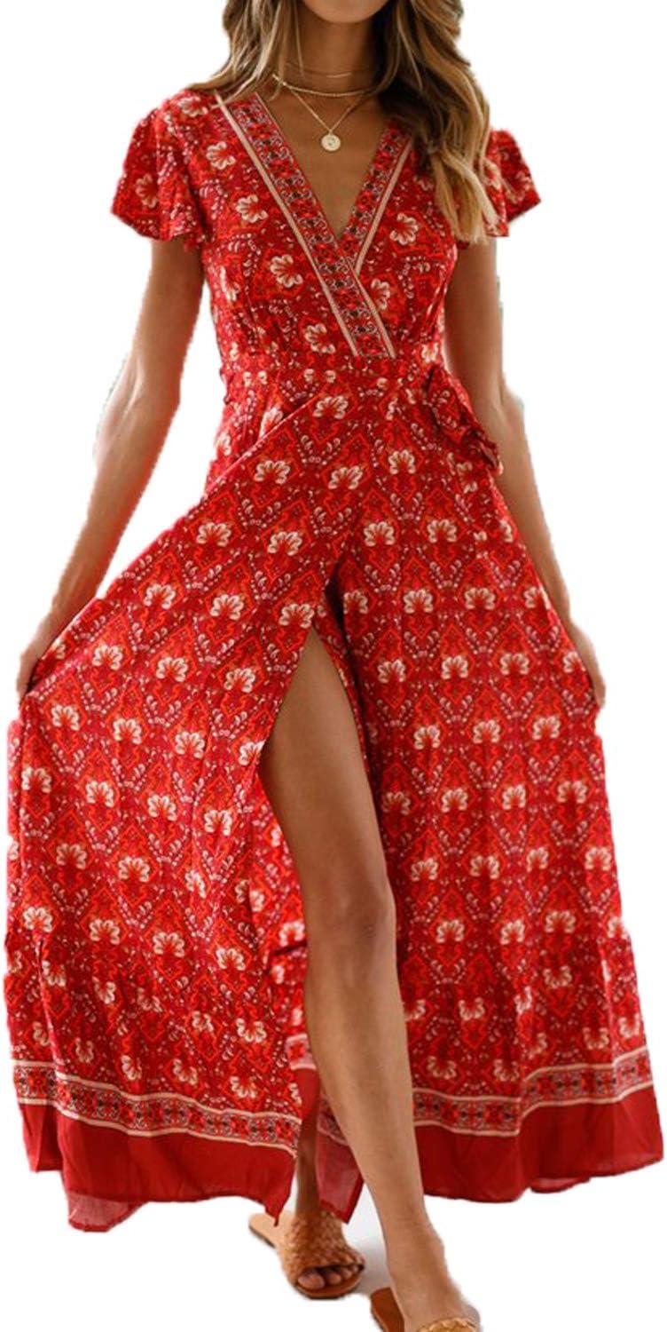 Alieyaes Women's Dresses Bohemian High Split V Neck Short Sleeve Ethnic Style Wrap Beach Maxi Dress
