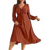 RWJ Fall Wedding Guest Dresses for Women Plus Size V Neck Long Sleeve Tie Front Cocktail Maxi Dress with Pockets
