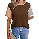 EVALESS Women's Short Sleeve T Shirts Ribbed Knit Crewneck Multicolour Block Tee Blouses Spring Tops 2026 Trendy
