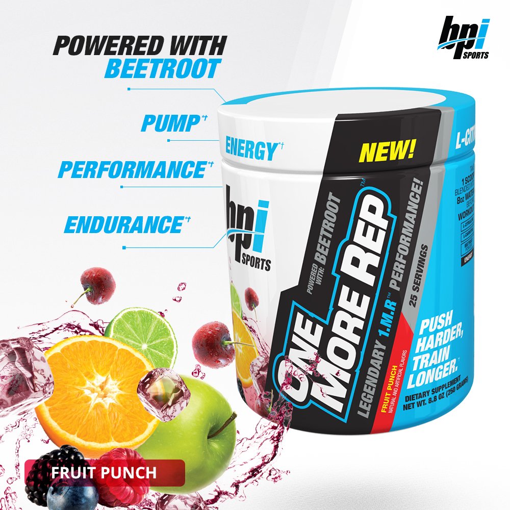 BPI Sports One More Rep Pre-Workout Powder - Increase Energy & Stamina - Intense Strength - Recover Faster - Beetroot - Carnitine - Citrulline - 0 Calorie - 25 Servings - Fruit Punch 8.8 Ounce (Pack of 1)