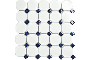 Tenedos White Octagon Matte Porcelain Mosaic Tile with Blue Dots – 20 Sheets per Case for Floor, Wall, Backsplash, Bathroom, and Kitchen Accent Applications
