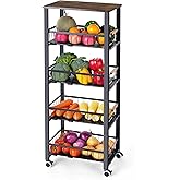 Mythinglogic 5-Tier Rolling Fruit Vegetable Storage Cart with Pull-Out Baskets, Metal Kitchen Organizer, Heavy Duty Utility Rack with Wheels for Pantry, Living Room, Kitchen