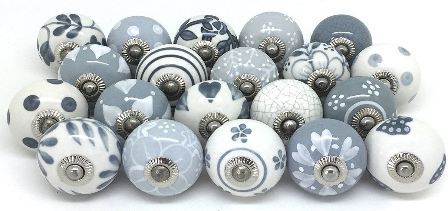 JGARTS Set of 25 Grey and White Hand Painted Ceramic knobs Cabinet Drawer Handles pulls (25)
