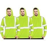 FATONE Hi Vis Shirts Long Sleeve for Work, Class 3 High Visibility Shirts for Men with Hood Reflective, Safety Shirt for Construction 3 PCS, Yellow XL